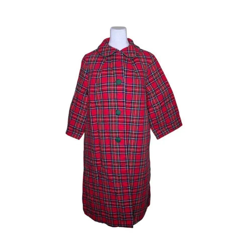 Vintage Charmode Christmas Plaid Quilted Housecoat Robe Womens Size L Red Green